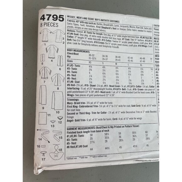 Simplicity 4795 Nativity Costumes For Teens and Adults XS-XL Sewing Pattern NEW - Picture 4 of 7